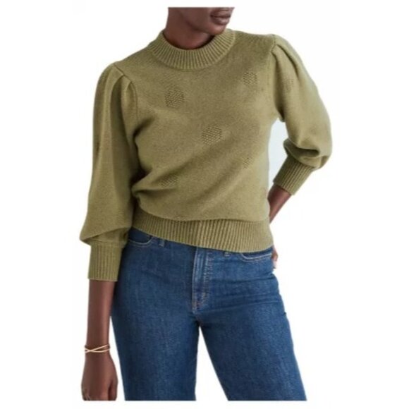 Madewell Dotted Eaton Olive Green Puff-Sleeve Pullover Sweater Medium - Picture 1 of 14